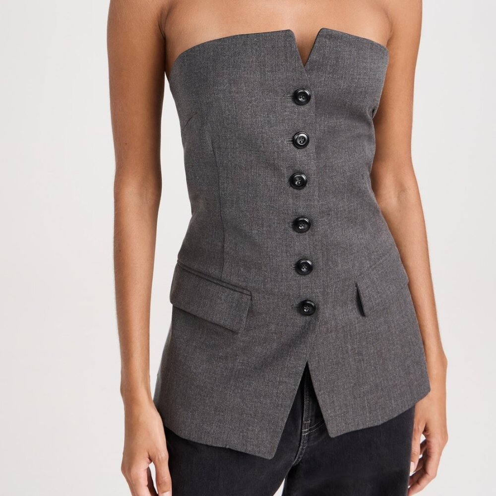 Pixie Market Button Strapless Top, Grey Melange, … - image 3